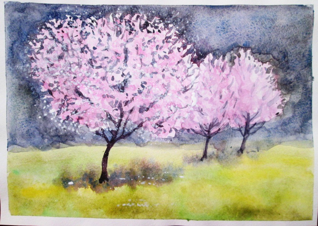 Рисование цветущий сад. Весенние деревья акварелью. Рисование цветущие сады. Весенний пейзаж акварелью.