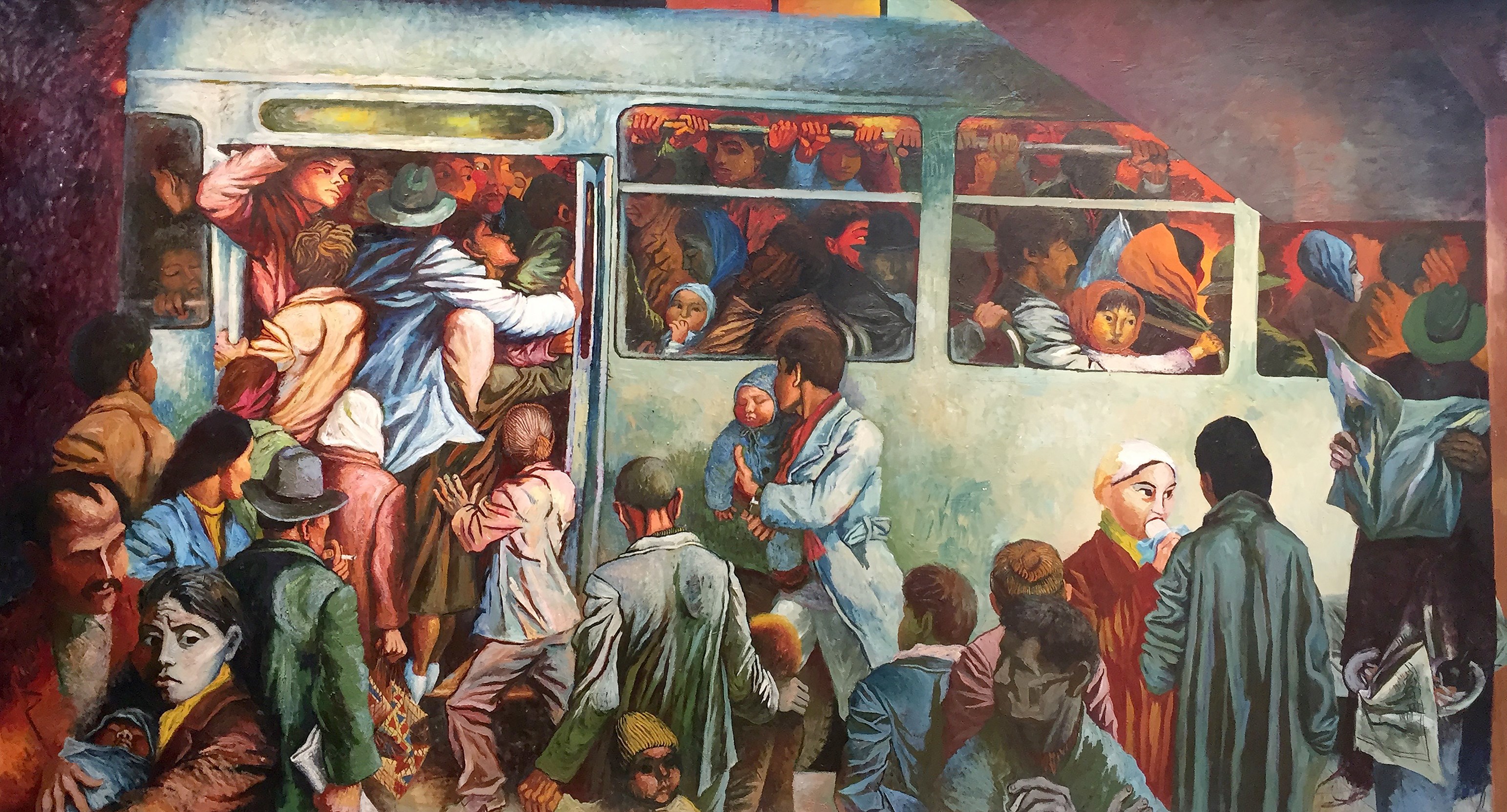 Народу в дом набилось битком. Дулат Алиев художник картины. Автобус в Советской живописи. Толпа людей в автобусе. Автобус картина.