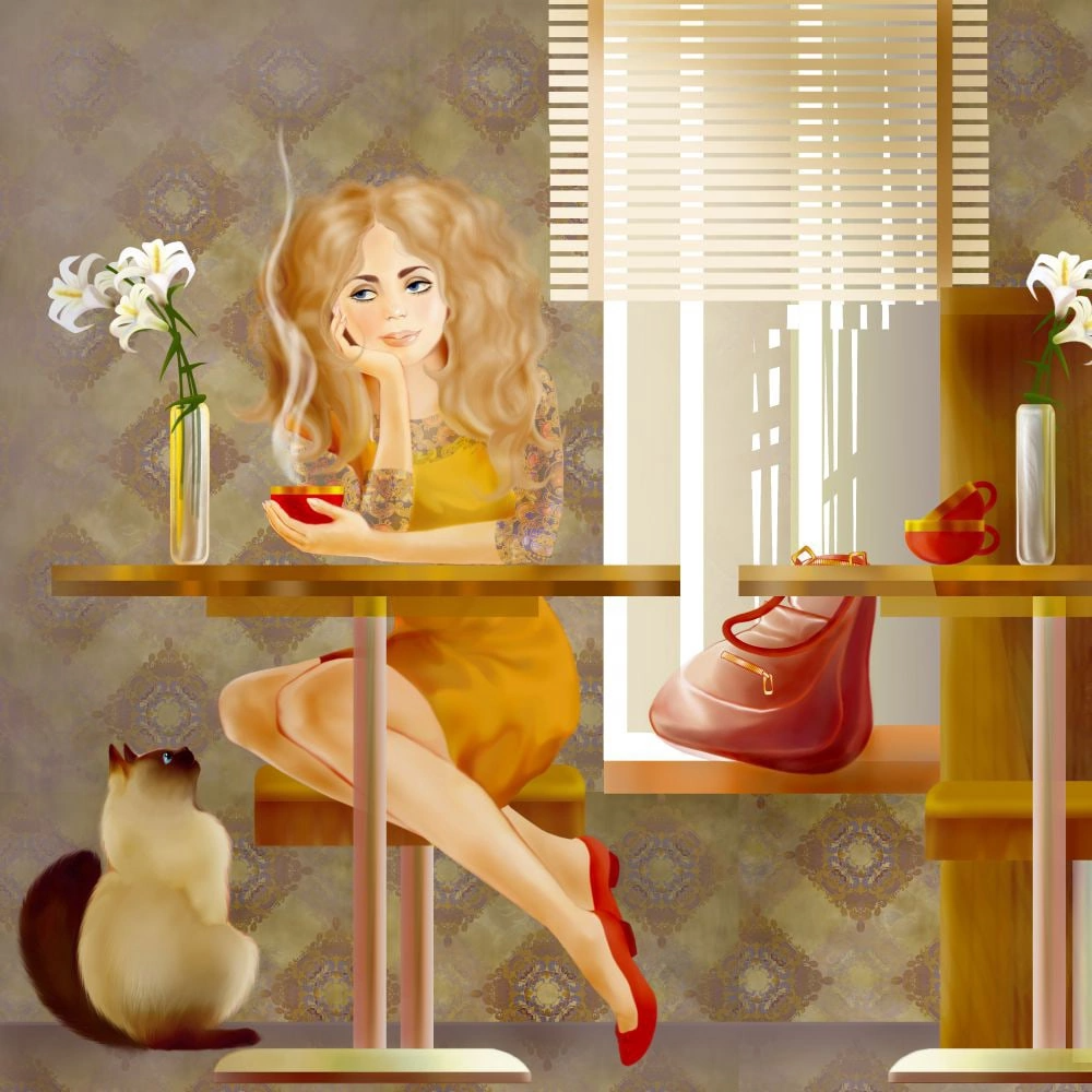 Сижу в предвкушении. Добрые иллюстрации. Женщина на кухне картина. Уютная женщина. Доброе утро живопись.