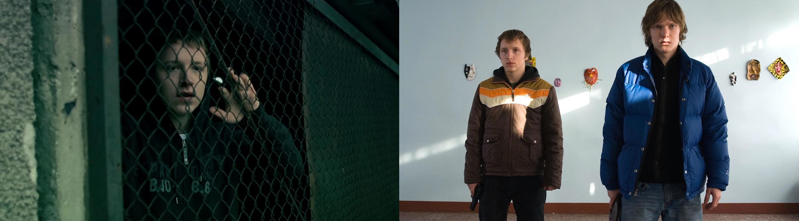 Кадры из фильма «Класс». Слева: запертый в сарае Каспар вынужден наблюдать за избиением его одноклассника, Йозепа. Справа: Каспар и Йозеп – перед самым началом кровавой бойни.