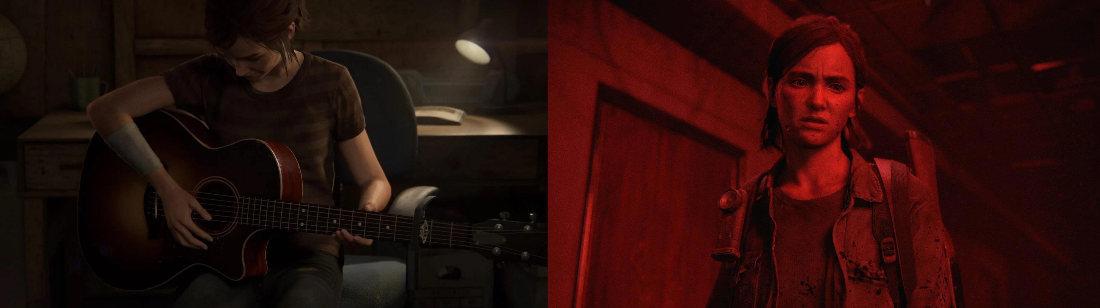 Кадры из видеоигры «Одни из нас: Часть II». Слева: 14-летняя Элли, только что получившая в подарок от Джоэла, своего напарника, гитару. Справа: уже повзрослевшая Элли готовится пытать одного из врагов с целью выбить необходимую информацию. Красное освещение в игре, в частности в данной сцене, – как маркер ярости и жестокости.