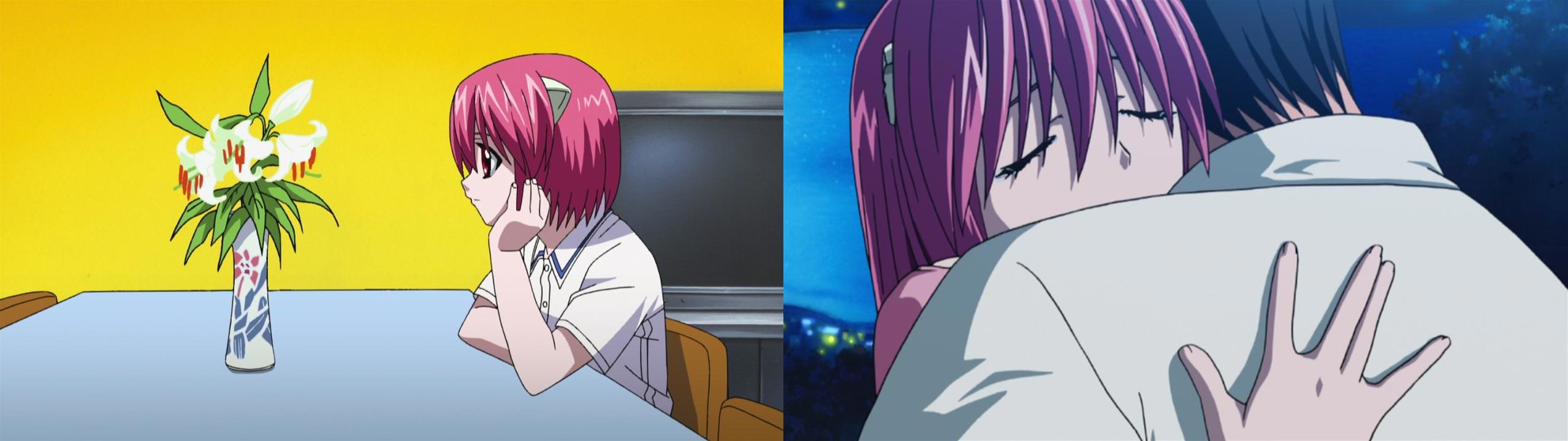 Кадры из аниме «Эльфийская песнь». Слева: маленькая Каэдэ в приюте; стоящие на столе цветы спустя несколько минут обагрятся кровью задир и живодёров. Справа: Каэдэ (Люси) с уже отколотым в ходе сражения одним ушковидным рогом просит прощения у Коты.