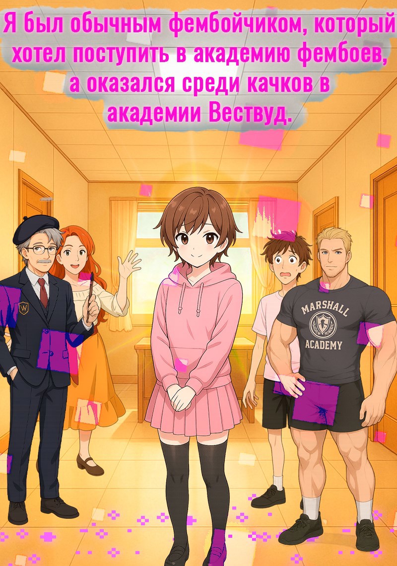 Обложка произведения Я был обычным фембойчиком, который хотел поступить в академию фембоев, а оказался среди качков в академии Вествуд.