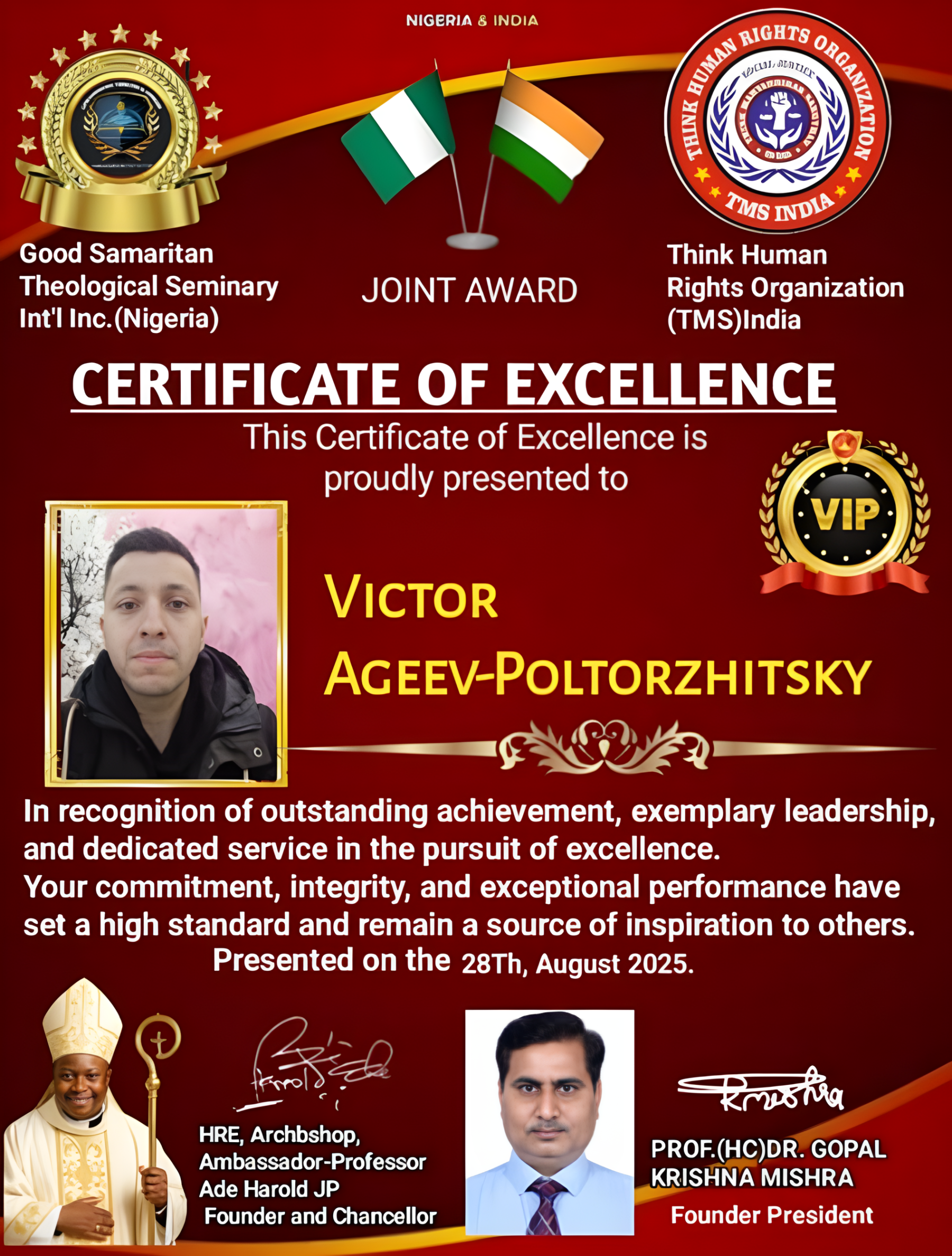 Получение "Сертификата Отличия" от "Богословской семинарии Доброго Самаритянина и "Думай о человеке" - Виктор Агеев-Полторжицкий