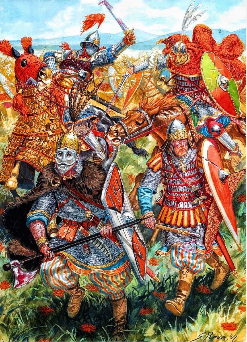 Бой русской гвардии Византийской Империи (X век): 1-новгородец с боевым двуручным топором(сл. внизу); 2- киевлянин из числа дружинников Владимира Святого(спр. внизу); 3- спафарокандидат русских наемников; 4-командир катафрактов (тяжелой византийской конницы) (иллюстрация Guiseppe Rava)